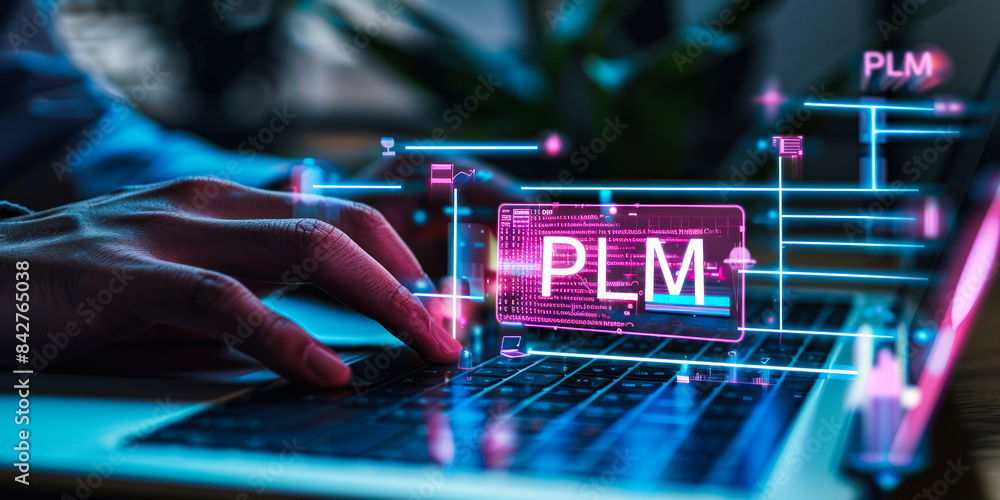Poster businessman interacting with a product lifecycle management (plm) system interface on a laptop for e