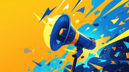 Vibrant blue bullhorn adorned with striking yellow bolts showcasing a captivating announcement concept in a dynamic cartoon 2d illustration