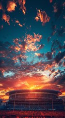 Fototapeta premium modern stadium under the evening sky, copy space, contemporary theme, surreal, double exposure, sunset backdrop