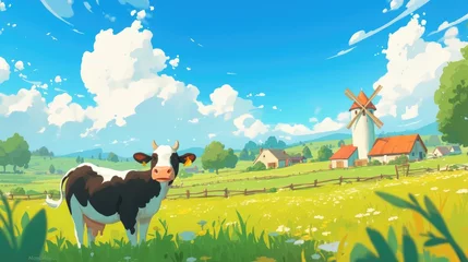 Illustration of a cartoon cow set against a peaceful farm backdrop