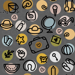 Messy black hand drawn travel vector seamless pattern with linear doodle elements on pastel colorful dots on dark gray background 