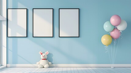 Mock up posters and a vibrant lamp in a child's room with a blue wall, 3D rendering