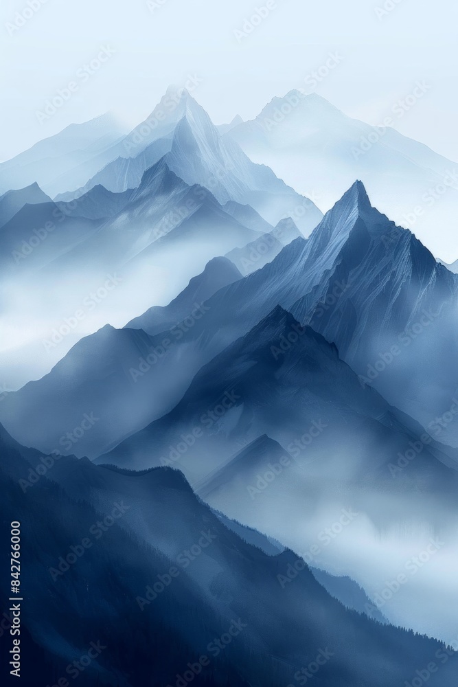 Poster minimalist landscape image featuring a breathtaking view of mountain peaks shrouded in fog, creating