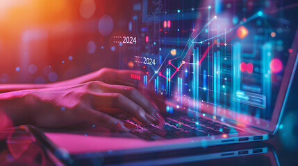 Close up of hands typing on a laptop with a bar graph and arrow pointing to the number 2024 in the air 