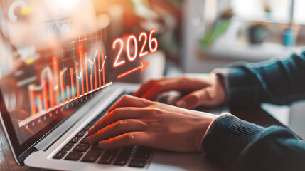 Close up of hands typing on a laptop with a bar graph and arrow pointing to the number 2026 in the air 