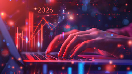 Close up of hands typing on a laptop with a bar graph and arrow pointing to the number 2026 in the air 