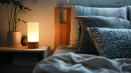Create an image of a bedside lamp with a touch-sensitive base, providing gentle lighting for nighttime reading.