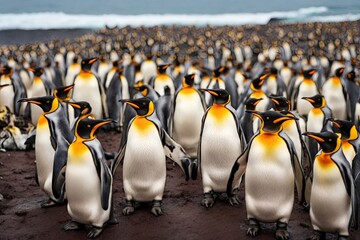Penguin colony. Wildlife scene from nature. Animal behaviour in Antarctica. Many penguins.