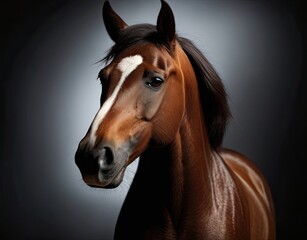 Beautiful bay horse portrait on black background