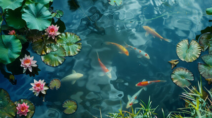 Serene koi pond with blooming lotus flowers and lush leaves. AI generative.