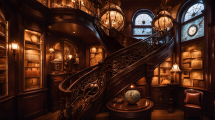 Fototapeta premium Ornate spiral staircase around fresco-adorned lantern