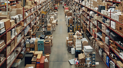 Big warehouse filled with goods. Background image. Created with Generative AI technology.
