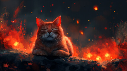 A digital art piece depicting a content cat basking in a fiery scenic autumn setting with floating embers