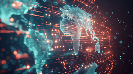 Fototapeta premium A technologically advanced 3D model of the Earth with a digital network and luminous connections on a dark backdrop