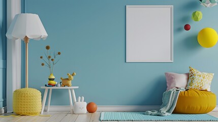 Mock up posters and a vibrant lamp in a child's room with a blue wall, 3D rendering
