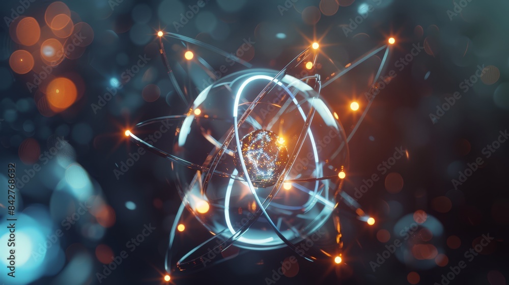 Aufkleber create an image of a single atom with electrons orbiting around the nucleus, symbolizing the fundame