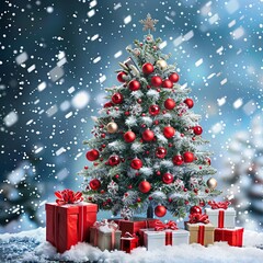 Elegant Christmas Tree with Red and Silver Gifts