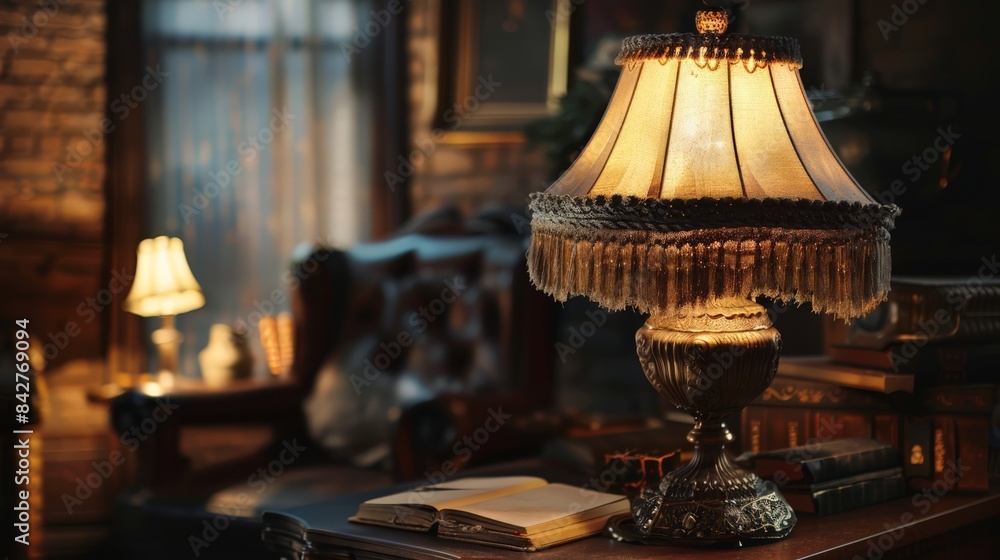 Poster create an image of a vintage table lamp with an ornate base and a fringed lampshade, casting a warm 