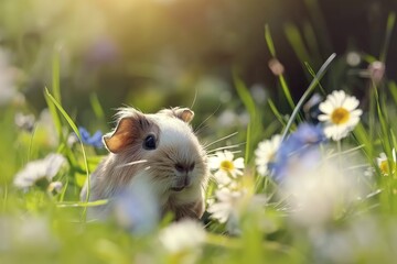 Cute guinea pig playing in the grass, surrounded by white and blue daisies, natural light, with a focus on the cute face of the adorable guinea pig.