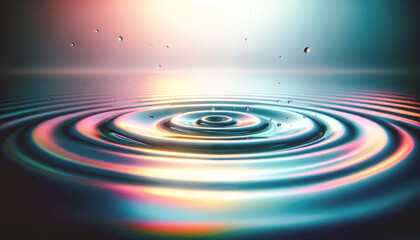 A droplet creates mesmerizing, colorful ripples in calm water, with soft lighting enhancing the serene, ethereal ambiance.