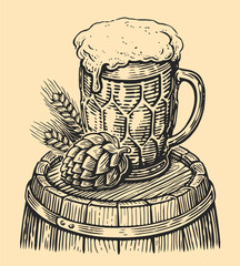 Glass mug full of foamy ale drink on wooden barrel. Beer concept. Hand drawn sketch vintage vector illustration