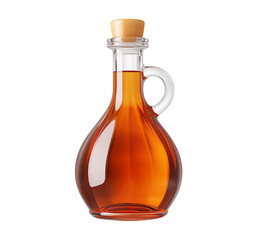 Indulge in the rich allure of amber colored maple syrup, beautifully encased in a glass bottle, ready for delightful consumption and culinary pleasure.