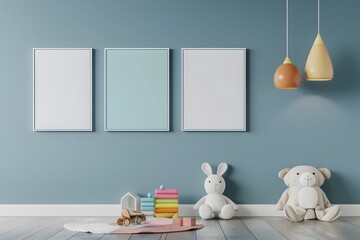 Mock up posters and a vibrant lamp in a child's room with a blue wall, 3D rendering