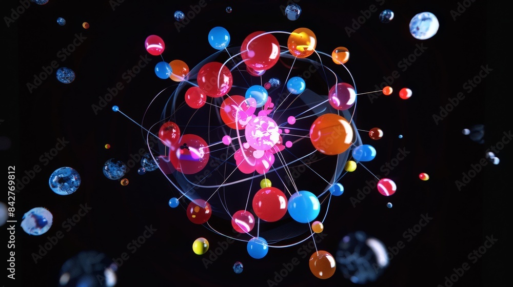 Poster create an image of an atomic nucleus with quarks and gluons, delving into the subatomic particles th