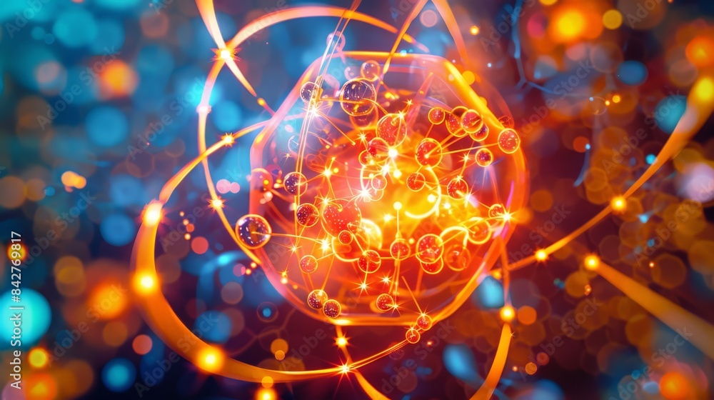 Poster create an image of an atomic nucleus with quarks and gluons, delving into the subatomic particles th