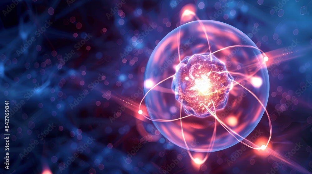 Poster create an image of an electron cloud surrounding the nucleus of an atom, depicting the probabilistic