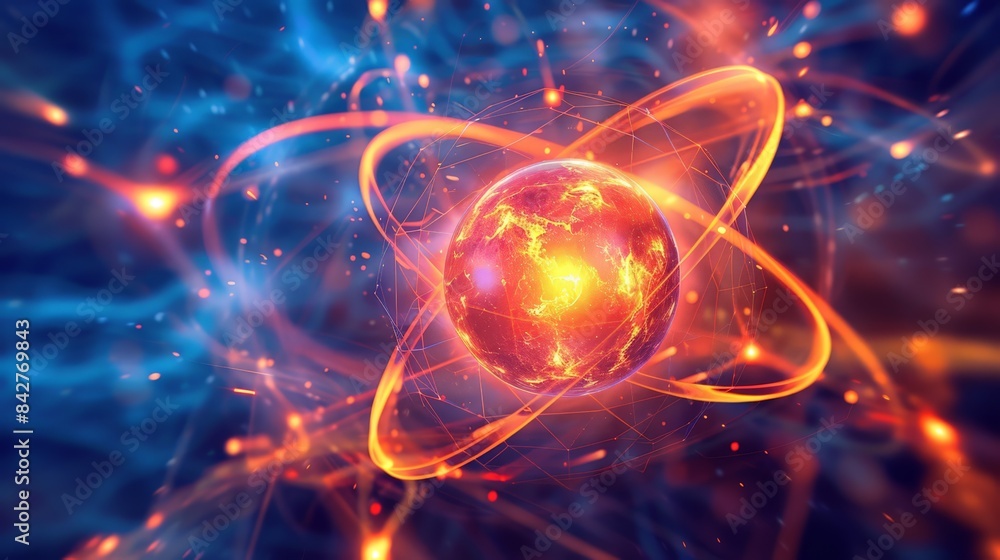 Poster create an image of an electron cloud surrounding the nucleus of an atom, depicting the probabilistic