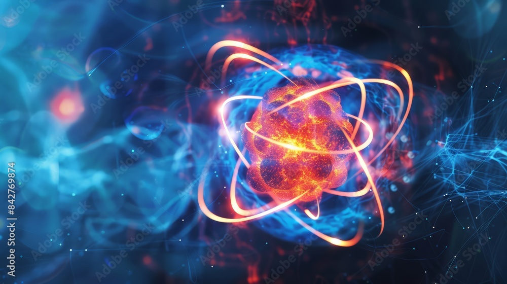 Wall mural create an image of an electron cloud surrounding the nucleus of an atom, depicting the probabilistic