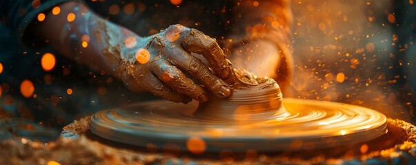 An artists hands molding a clay sculpture on a pottery wheel