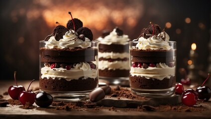 Three individual servings of chocolate trifle desserts elegantly presented with cherries on top