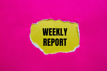 Weekly report  words written on ripped pink paper with yellow background. Conceptual weekly report symbol. Copy space.