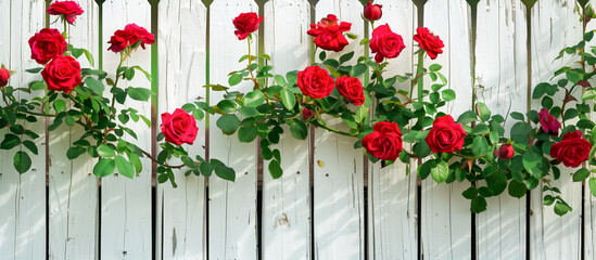 On a sunny summer day a cluster of vibrant red roses bloom gracefully in white fence