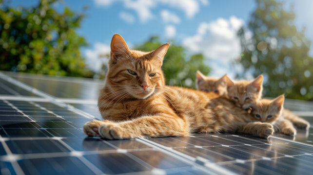 Katzenmutter mit jungen entspannt bei Sonne und blauem Himmel auf Solardach
