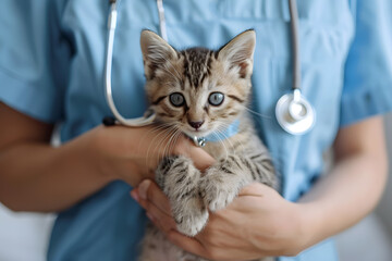 Cropped image of veterinarian doctor with stethoscope holding cute pet cat in his arms