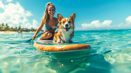 Happy positive young woman with her corgi dog, surfing on SUP board through calm blue ocean water surface. Idyllic tropical vacation. Active lifestyle at sea. Summer vacation with pets. Sea woman sup