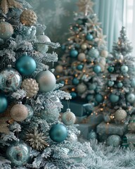 Teal and silver holiday decor with Christmas trees, baubles, twinkling lights, festive and vibrant