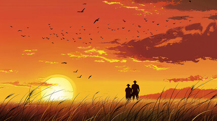The sun sets, the grassland turns yellow and orange. A couple walks hand in hand across it, surrounded by flying birds. The background of sunset clouds creates a romantic atmosphere. 