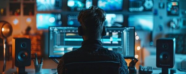 Video editor working on dual monitors, editing timeline visible, high detail, digital art, modern workspace