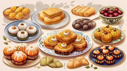 Fototapeta premium Flavorful Eid al-Adha Sweets and Desserts Spread - A Vibrant Assortment of Traditional Confections