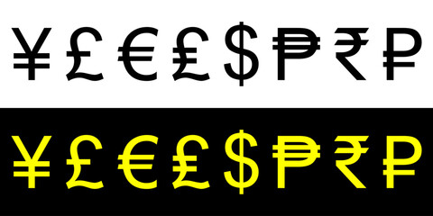 Currency sign symbol, Pound, Rupee, Euro, Ruble, Yen, Dollar sign.