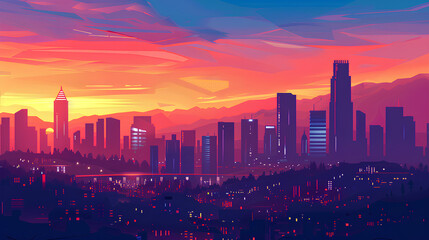 A panoramic view of the city skyline at sunset, with skyscrapers silhouetted against a vibrant orange and pink sky. 