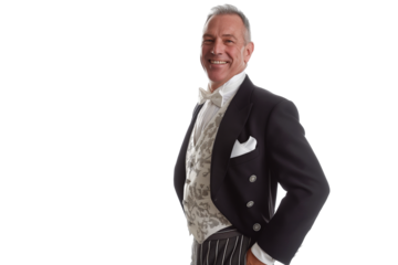 Smiling Senior Man in Formal Tuxedo with Bow Tie on White Background