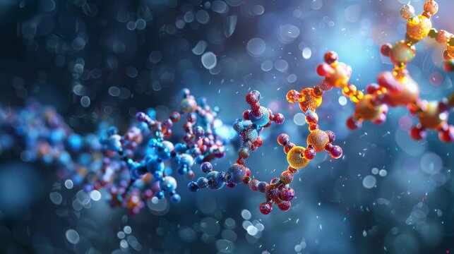 Design a picture of a protein molecule, focusing on the complex folding and structure of amino acids that determine its function.