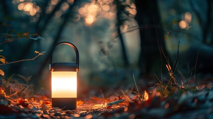 Design a picture of a small, portable LED lamp with a handle, ideal for camping or emergency use.