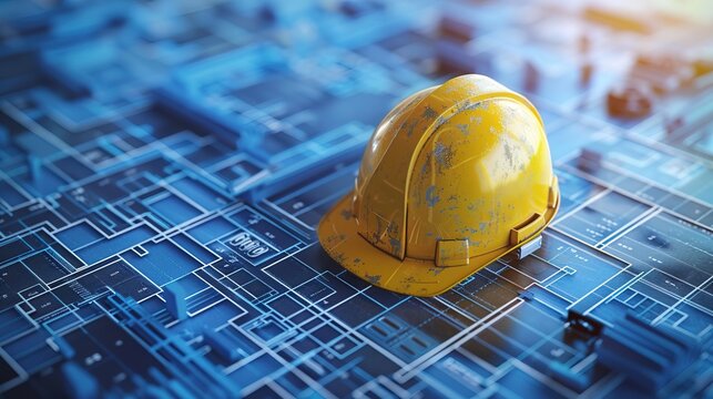 Construction planning and safety represented by a yellow hard hat on architectural blueprints, virtual screen blend