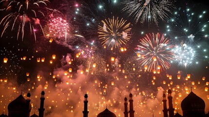 Captivating Night Sky Ablaze with Fireworks and Lanterns Over Mosque Silhouettes